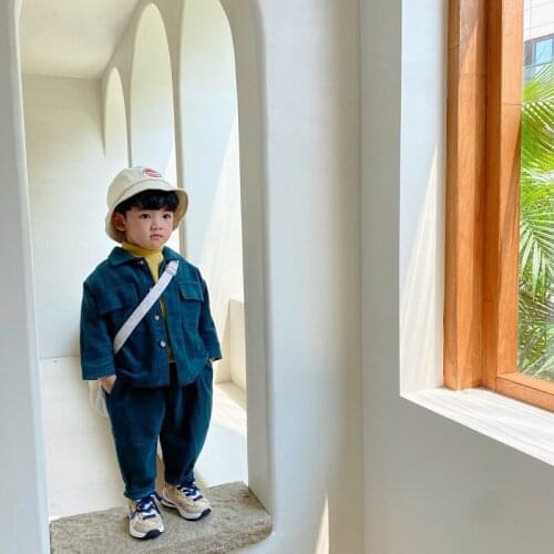 9271 Children Clothing Set Boys' Suit 2021 Autumn New Korean Boys Vintage Corduroy Two-piece Set Loose Coat+Pant Girls Suit
