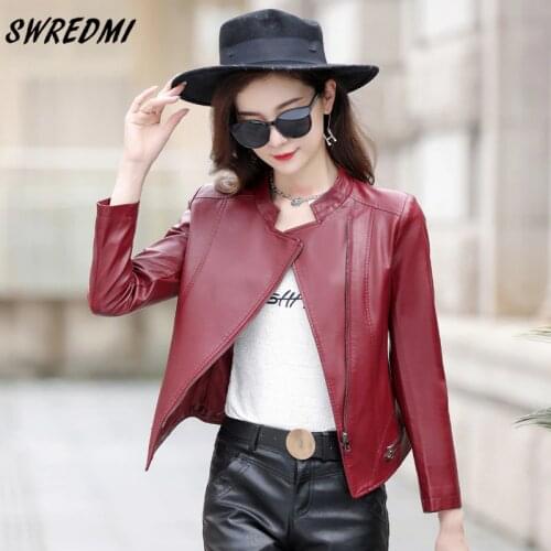 Motorcycle Leather Jacket Women Spring Zipper Coat Stand Collar Fashion Clothing Slim Suede High Quality Autumn Tops SWREDMI
