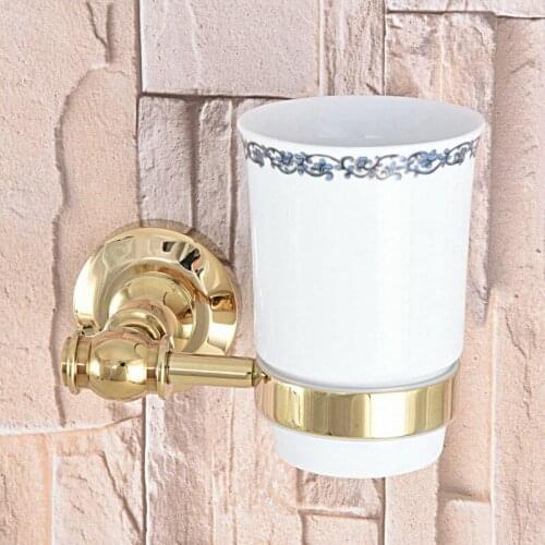 Gold Color Brass Single Toothbrush Holder With Ceramic Flower Cup Wall Mounted Bathroom Accessories aba308