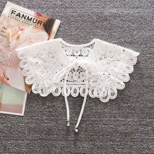 Linbaiway Cotton Fake Collars for Women Girl Hollow Lace Floral False Collar Big Lapel Detachable Necklace Shawl Bowknot Cape