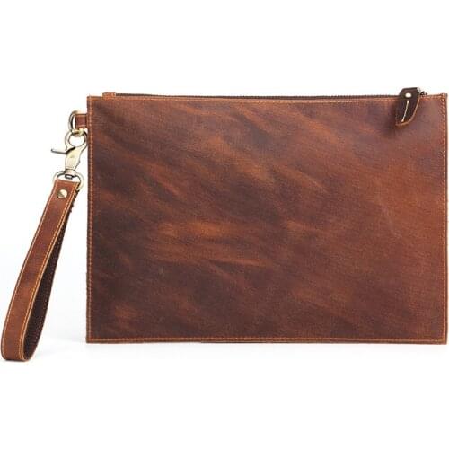 Genuine Leather Mens Clutch Bag Big Crazy Horse Leather Business Document Envelope Top Layer Cowhide Clutch Mens Bag