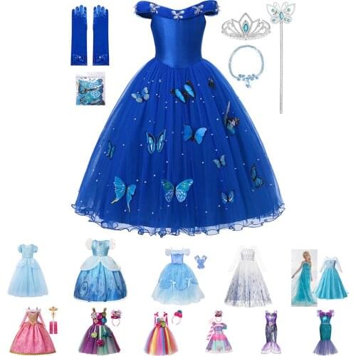 Cinderella Girl Dress Princess Ball Gown Kids Tulle Lace Shoulderless Performance Gorgeous Blue Costumes Halloween Party Dress