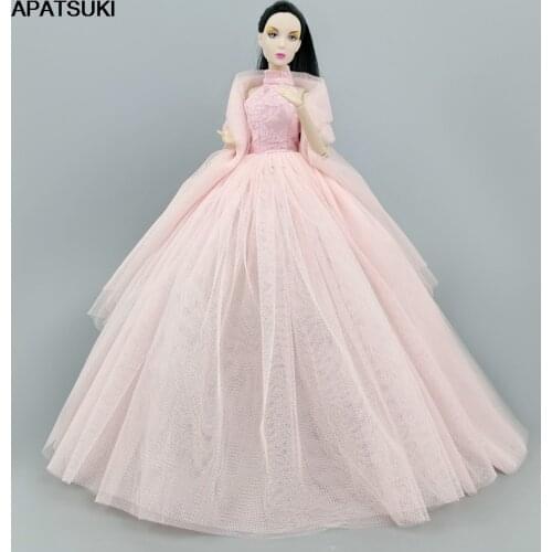 Pink High Neck Wedding Dress For Barbie Doll Outfits Princess Evening Party Gown Long Dresses Doll Clothes & Veil 1/6