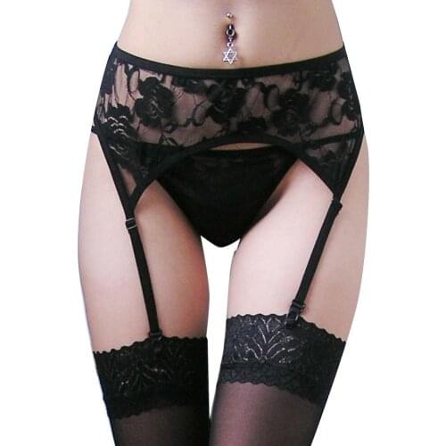 Sexy Women Lingeries Lace Floral See Through Thigh-High Garter Erotic Suspender Briefs Set Female Wedding Garters Belts 2 Colors