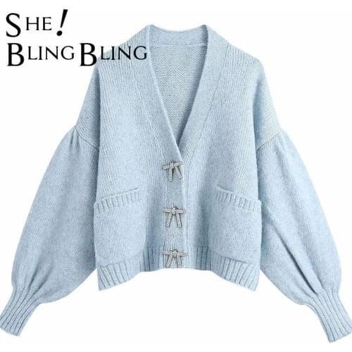 SheBlingBling Womens Clothing Fashion Faux Gemstone Bow Button Sweater V-Neck Lantern Puff Sleeve Knit Cardigan Jacket Outwear