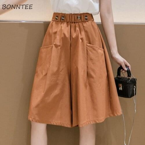 Shorts Women Summer New Retro Leisure Elastic Waist Fashion Soft All-match Ladies Daily Loose Solid Ulzzang Chic Pocket Clothing