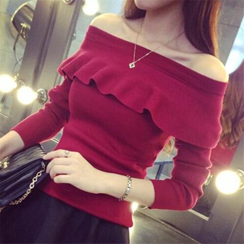 Autumn Slim Women Thin Sweaters Korean New Fashion Sexy Slash neck Ruffles Knitwear Long Sleeve Solid Pullover Tops 62652