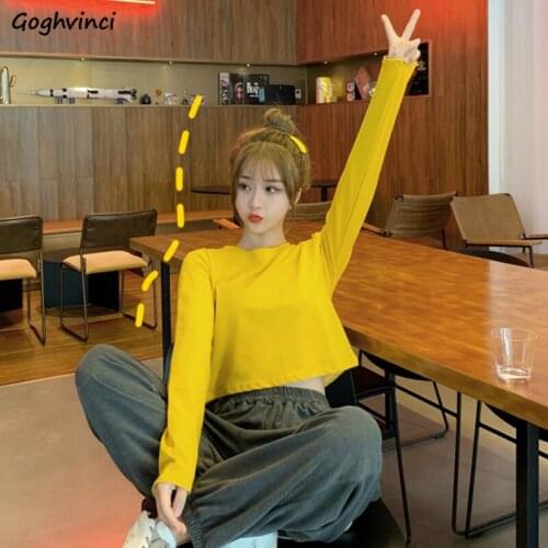 Long Sleeve T-shirts Women Spring O-neck Solid Crop-top Korean Slim Thin Autumn Casual Students Street Wear All-match Trendy New