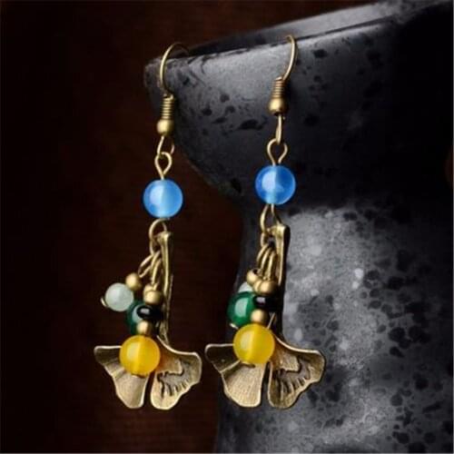 Women earring copper alloy leaves beaded pendant vintage jewelry accessories cheap hot sale wholesale elegant drop earrings D143