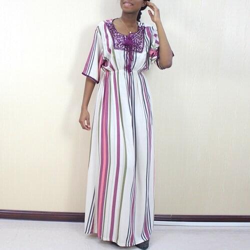 2021 Summer European Style Loose Half Sleeve Women Dresses Appliques Striped Diamonds O-Neck Tassel Elastic Waist Vestidos