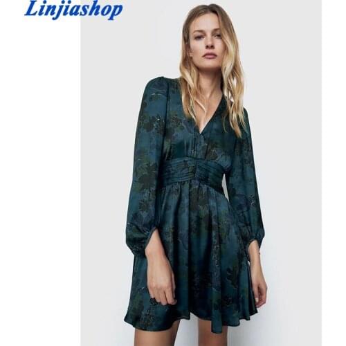 New Women Vintage V Neck Waist Pleated Print Casual Slim Mini Dress Female Chic Back Split Zipper Kimono Vestido
