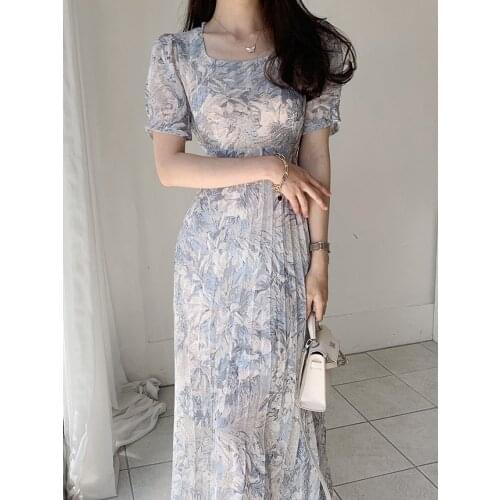 Korean One-Piece Fashion WomenS Dress New 2021 Summer Elegant Square Collar Floral Chiffon Dress Casual Dress Long Dress Female