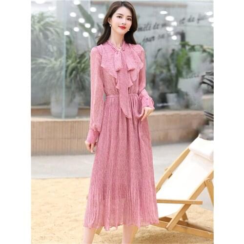 High Quality Chiffon Dress Female 2020 Spring New Bowknot French Style Temperament Long Dress Elegant Women Party Vestidos K416
