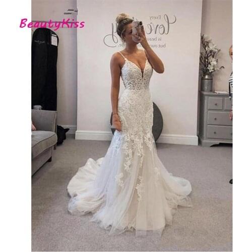 Sexy Spaghetti Straps Mermaid Wedding Dresses 2021 Backless Sweep Train Modest Vestido De Novia Lace Bridal Gowns