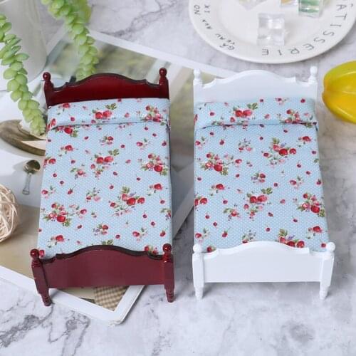 1/12 Mini Wooden Single Bed With Floral Mattress Pillow Dollhouse Miniature Life Scenes Ornament Kids Pretend Play Toys
