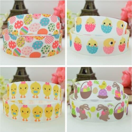 10 Yards 22mm 7/8" Easter eggs rabbit Chickens cartoon Printed grosgrain ribbon hair bow DIY hair accessories retail B0929