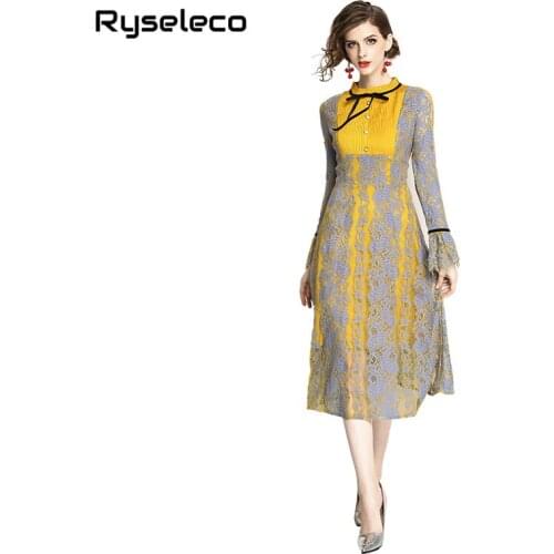 2018 Autumn Midi Lace Dress Women Elegant Chic Quality Pleated Ruffles Patchwork Floral Lace Long Sleeve Evening Party Vestidos