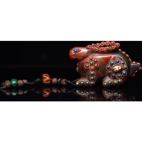 3"Tibet temple Old Natural agate Filigree Gem Dzi Bead Lucky Rabbit Pendant Amulet Town House Exorcism Ward off evil spirits