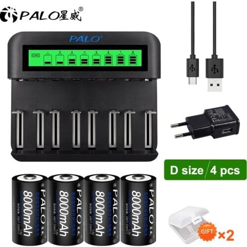 D Size R20 Rechargeable Battery 8000mAh Type C Rechargeable Battery R14 C Cell 4000mAh 1.2V NI-MH C D Batteries with LCD Charger