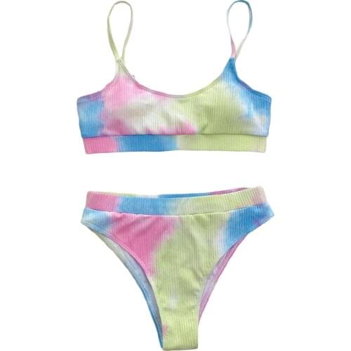 Quanss 2021 Tie Dye Print High Waist Bandeau Bikini Women Beach Wear Bathing Suit Summer Swimming Sexy Swimwear 2 Piece Swimsuit
