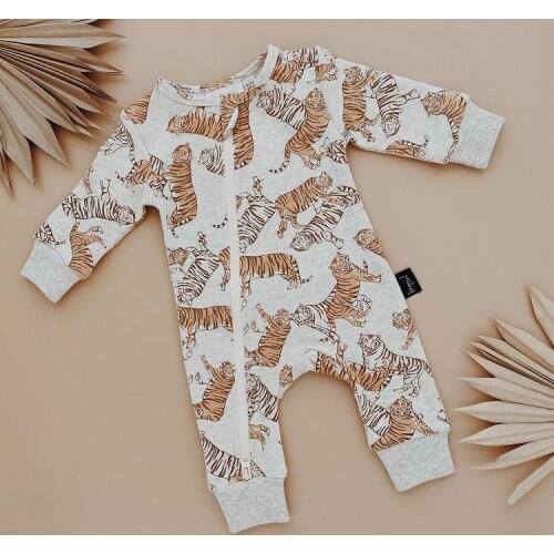 0-24M Baby Boys Autumn Rompers Infant Girls Cotton Tiger Print Long Sleeve Zipper Rompers Jumpsuits Casual Overalls Soft Clothes