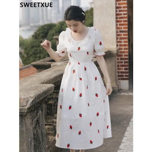 SWEETXUE Embroidered Strawberry Cotton Princess Dress Sweet Kawaii Round Neck Mesh Patchwork Beaded Bow Party Chic Dress Female