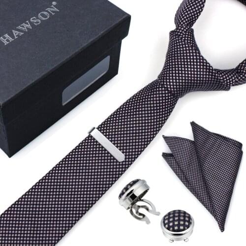 HAWSON Plaid Antique White Necktie Set with Sleeve Button Cover Pocket Square Tie Clip in Gift Box the Best Present for Men