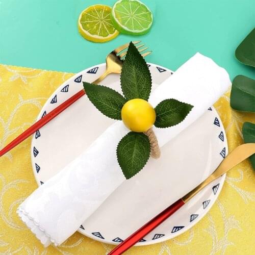 4/6Pcs Handmade Napkin Rings Faux Yellow Lemon Fruit with Vine Leaf Serviette Buckle Holder for Wedding Party Decoration
