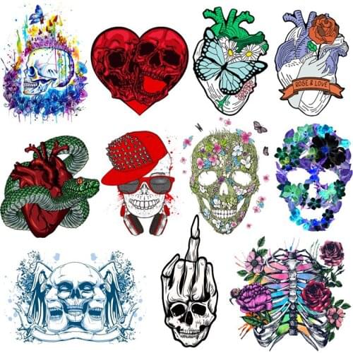 Colorful Punk Skull Heat Thermal Transfer Patches For Clothes DIY Butterfly Snack Heart Applique Iron-On Transfer For Clothing