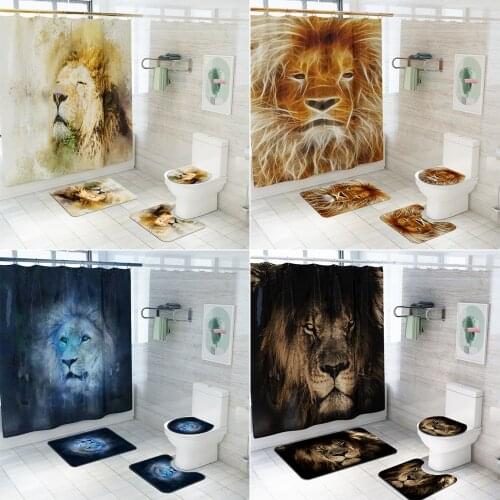 Lion Head Fabric Shower Curtain King of The Forest Non-Slip Rugs Toilet Lid Cover Bath Mat, Durable Bathroom Curtains with Hooks