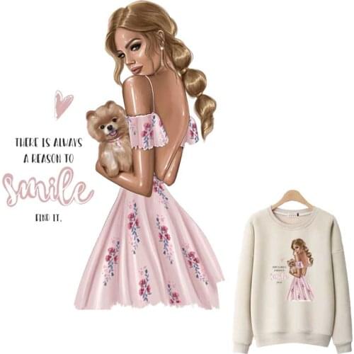 Fashion Girl Applique For Clothes DIY Washable T-Shirt Heat Transfer Thermal Stickers Beautiful Lady And Puppy Iron On Patches