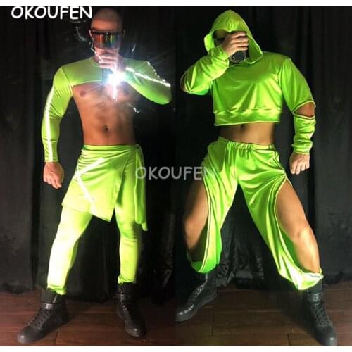 Night scene male singer dancer stage ds reflective fluorescent strip costumes party show theme clothing