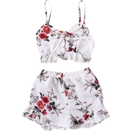 1-6Y Toddler Kids Baby Girls Floral Clothes Set V neck Tops Vest Ruffles Shorts Outfit Summer Children Costumes