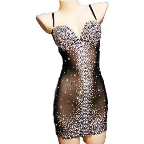 Luxury Sparkling Diamonds Pearls Women Black Mesh Dresses Tight Stretch Perspective Mini Dresses Bar Nightclub Costumes