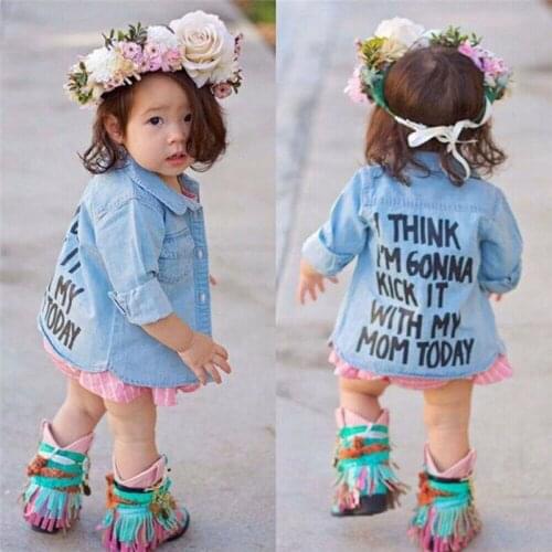 Autumn Toddler Kids Baby Girl Boy Shirts Tops Clothes Denim Letter Print Long Sleeve Button Tops Blue Warm Coat Shirt Spring