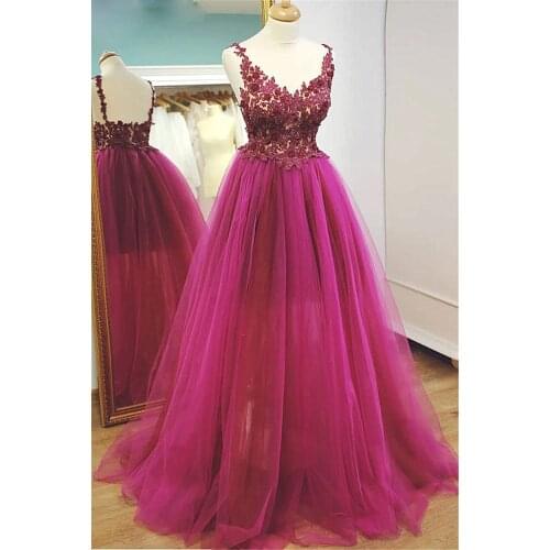 Fuchsia Evening Dresses Spaghetti Strap V-neck Prom Dresses Backless Appliques Formal Dresses Robe De Soiree Evening Party Gowns