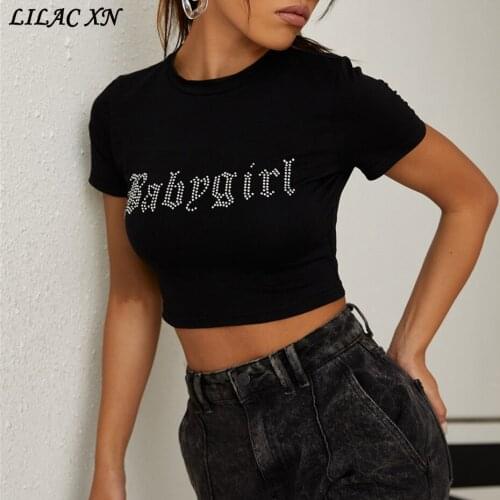 Y2K Goth Diamonds Letter Babygirl Crop Top Womens T-Shirts Sexy Short Sleeve Corset Streetwear Kawaii Summer Fashion Clothing