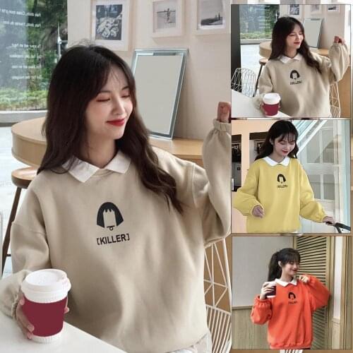 Women Autumn Pullovers Long Sleeve Turn Down Collar Letters Print Plush Sweatshirt Fake two-piece oversized harajuku Coat куртка