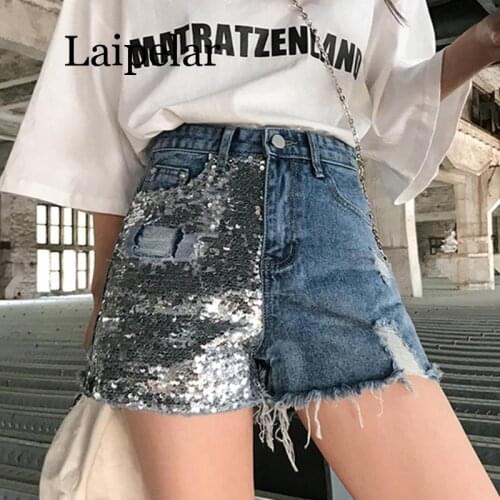 New Blue Denim Shorts Women 2020 Streetwear Ripped Holes Punk Sequin Summer High Waist Cotton Denim Shorts