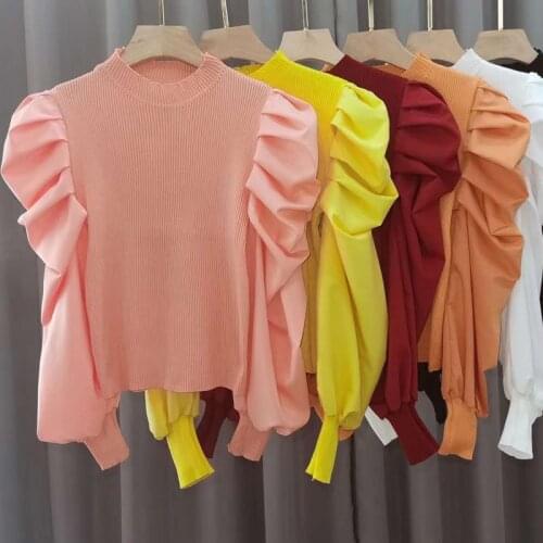 2020 Autumn Women Solid Sweater Cropped Pullover Crop Top Patchwork Chiffon Puff Sleeve Sweaters Pullovers For Female