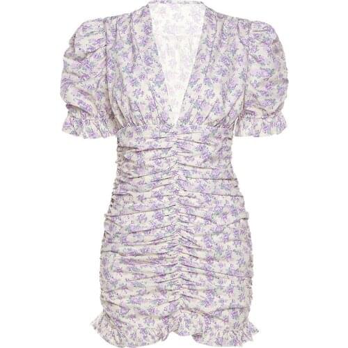 2021 Fashion Elegant Print Boho Floral Office Lady Street Puff Sleeve V Neck Slim Women Dress Summer Club Party Beach Dresses