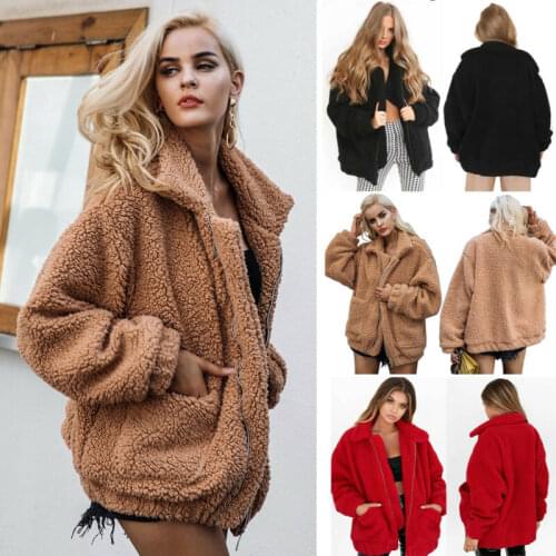 2019 Hirigin Womens Solid Winter Teddy Bear Pocket Fluffy Coat Long Sleeve Fleece Fur Jacket Outerwear
