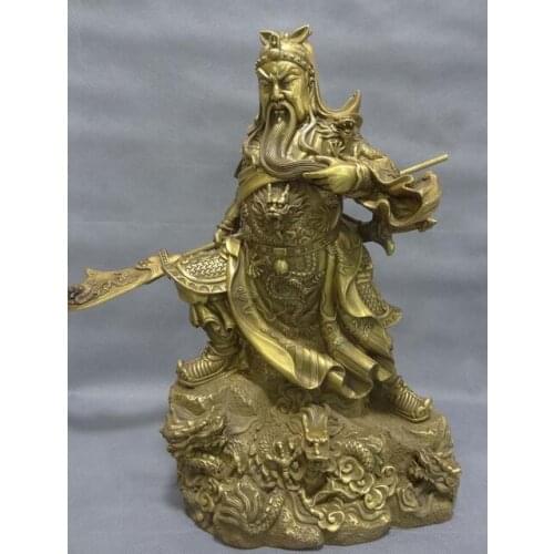 15" Chinese Pure Brass Sword 5 Dragon Warrior God GuanGong Guan Yu Ride Statue