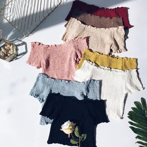 2021 Summer Women Sexy Off Shoulder Strapless T-Shirts Fashion Short Sleeve Ruffles Elastic Bodycon Crop Tops Ladies Clubwear
