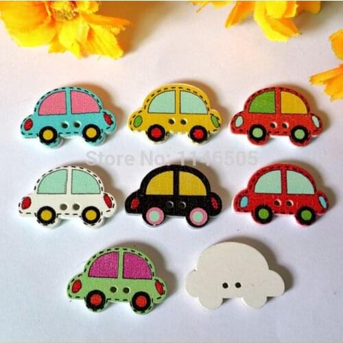 50PCs Round Random Mixed Lovely Car 2 Holes Wood Painting Sewing Buttons Scrapbooking 25x17mm