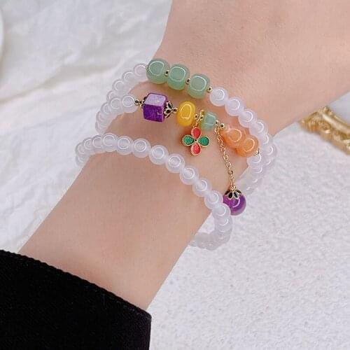 Three Circles Lychee Frozen Agate Bracelet for Women Girls Retro Ethnic White String Transport Clover Gourd Jewelry 2021 NEW