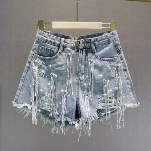 Vintage Jeans Women Summer New Fashion Sequin Tassel Hole High Waist Denim Shorts Loose Thin Hot Pants Female Streetwear G924