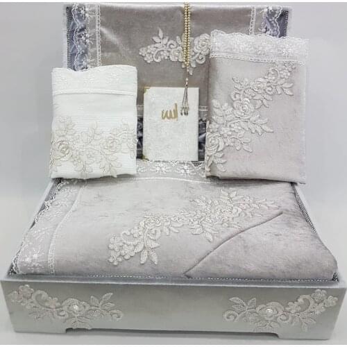 French Filet Lace Coffer Prayer Rug Set Velvet Bundle Set Gray