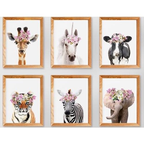 Animal Prints Set of 6 Pictures Elephant Zebra Giraffe Horse Cow Flower With Crowns Nursery Art No Frame Wall Painting