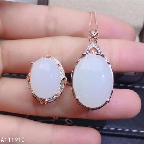 KJJEAXCMY fine jewelry 925 sterling silver inlaid Natural White jade pendant ring exquisite ladies suit support detection
